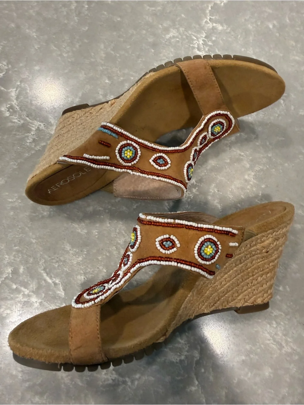 Aerosoles Beaded Espadrille Wedge Sandals Tan Suede Boho Size 7M